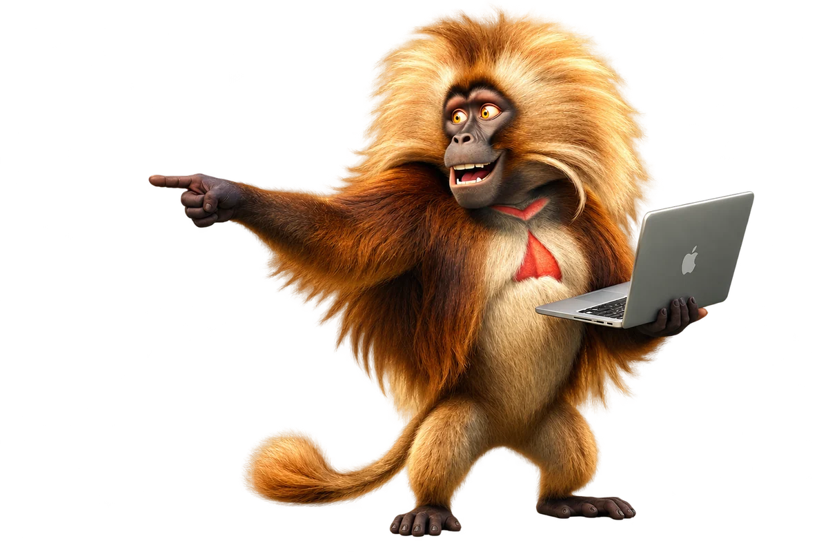 A smiling gelada monkey points left while holding a laptop
